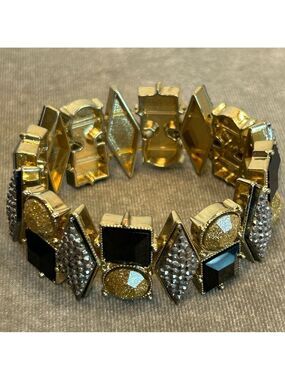 Gold tone glitter black silver tone geometric stretchy pull on bracelet